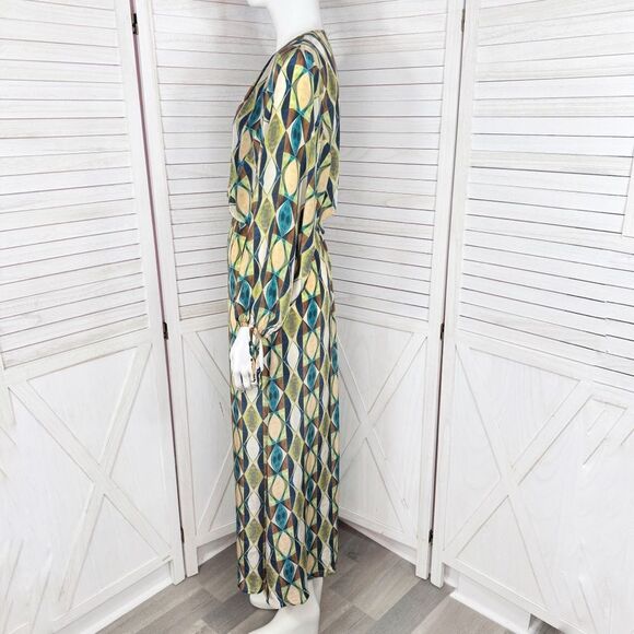 Zara Geometric Print Sateen Maxi Dress Green Blue Tan Long Sleeve Small - Picture 3 of 13